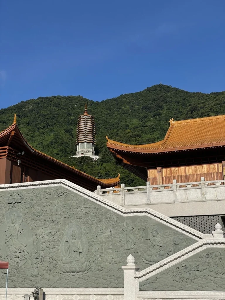 Shenzhen Hongfa Temple with pagoda and green mountain backdrop