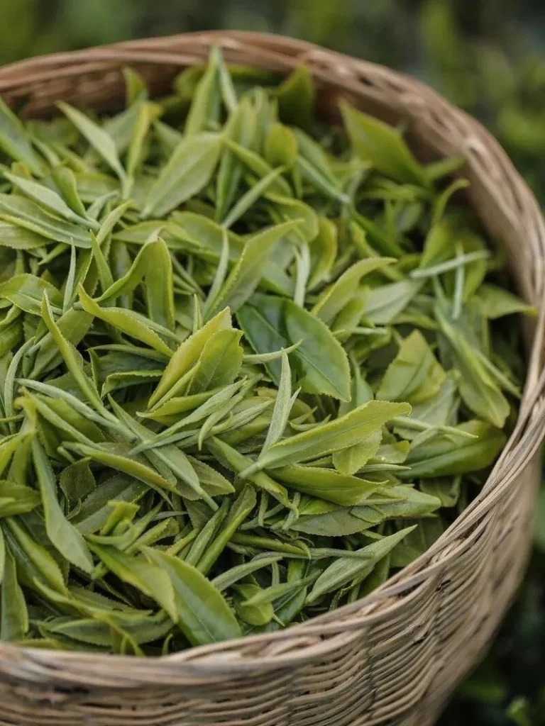 A woven basket filled with freshly picked Duyun Maojian tea leaves highlighting their bright green color