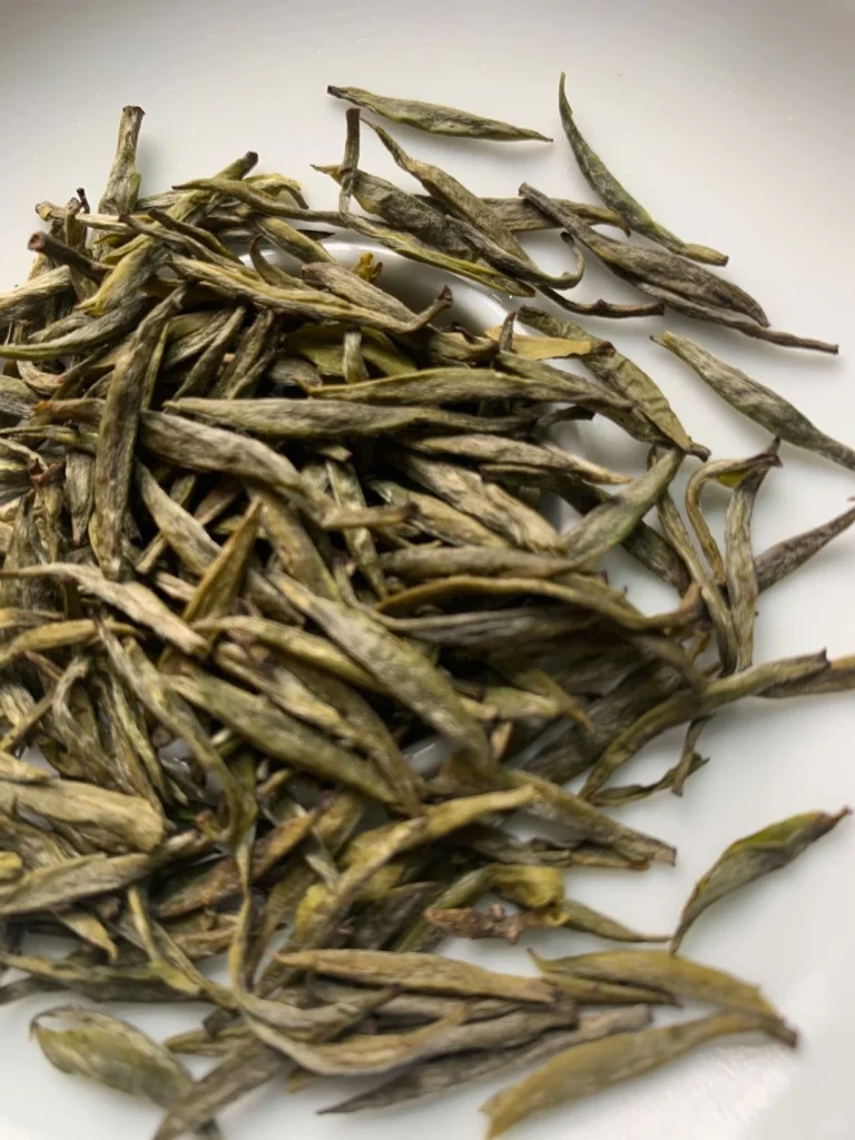 Close up of Junshan Yinzhen tea leaves showcasing its slender and needle like shape