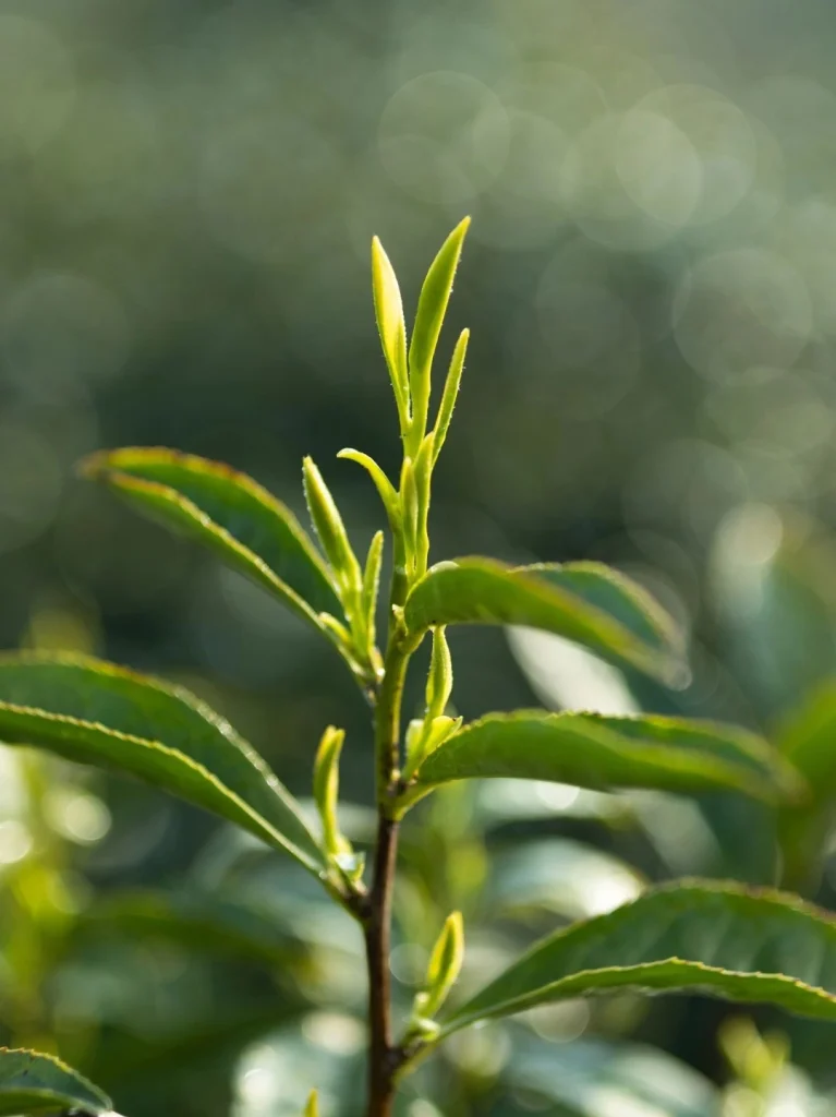 Close up of fresh green tea leaves on a tea plant under natural sunlight