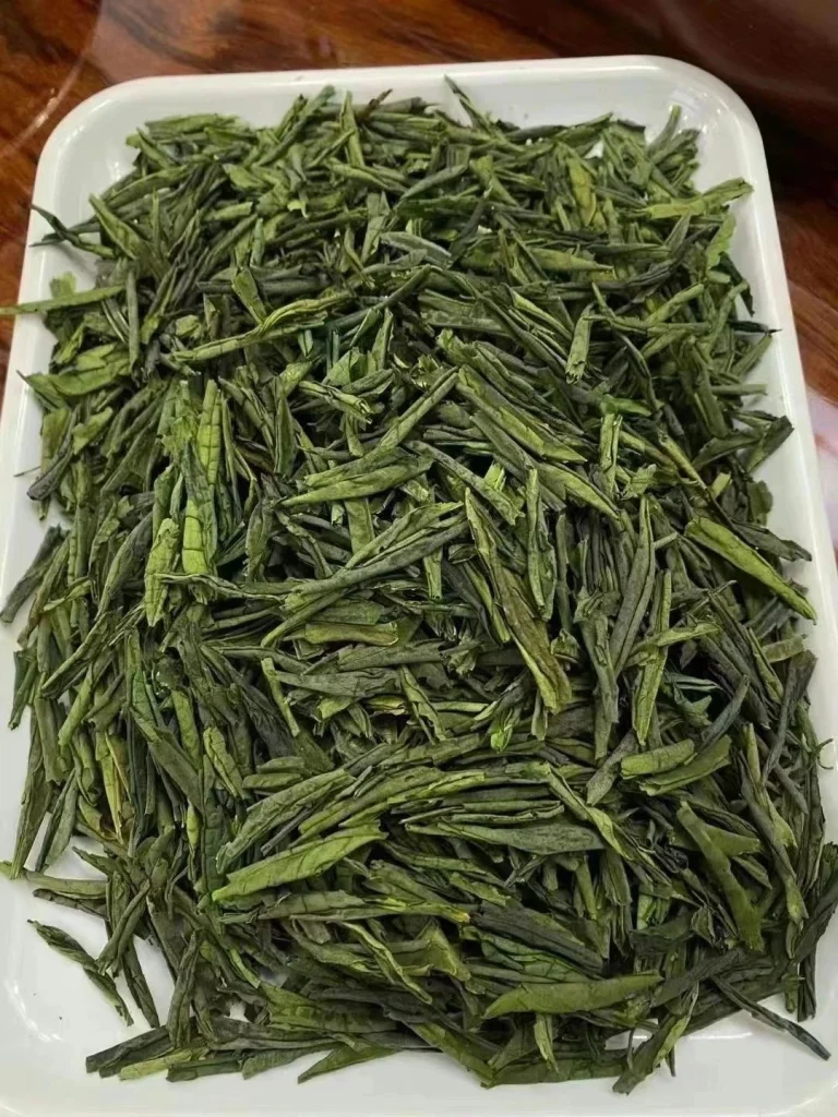 Freshly processed Luan Guapian tea leaves neatly arranged on a serving tray