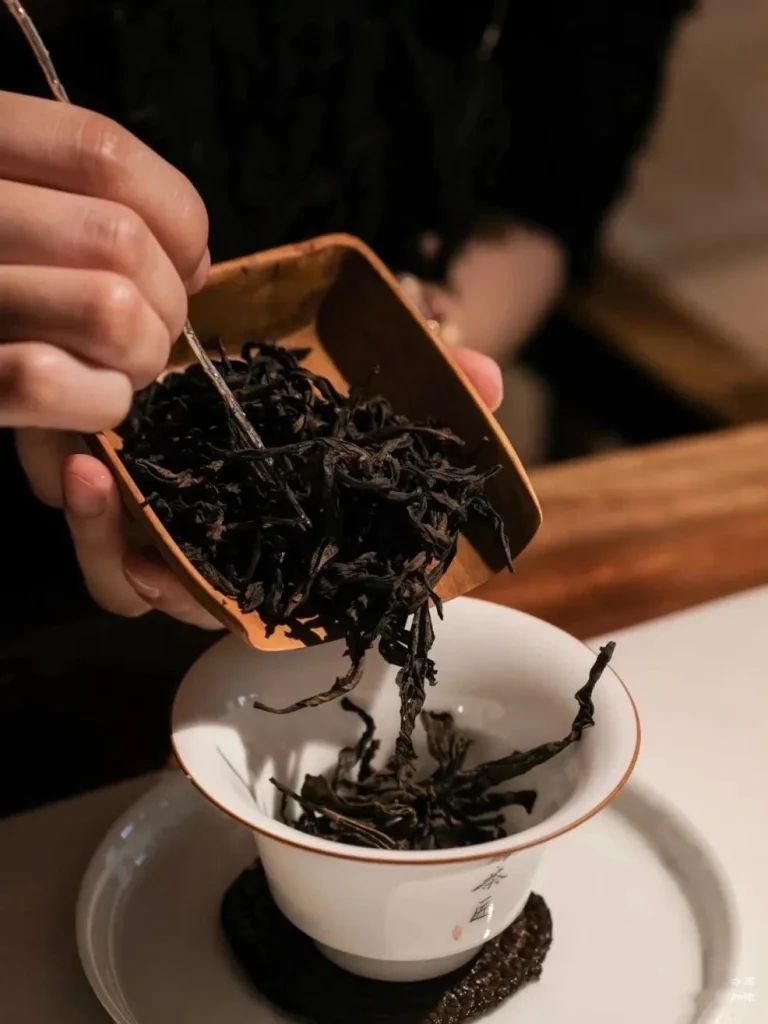 Hand Pouring Wuyi Rock Tea Leaves into a Gaiwan