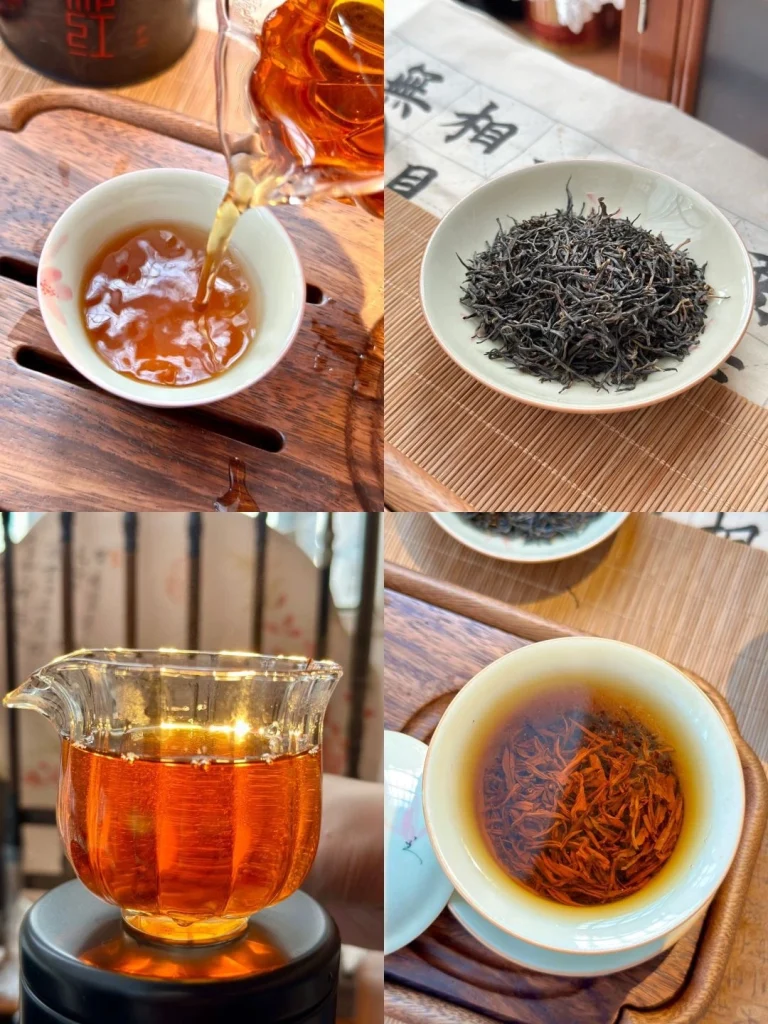 Pouring of brewed Keemun black tea into a traditional ceramic cup