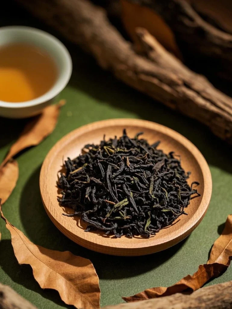 Wuyi Rock Tea Leaves Displayed on a Wooden Plate with Brew