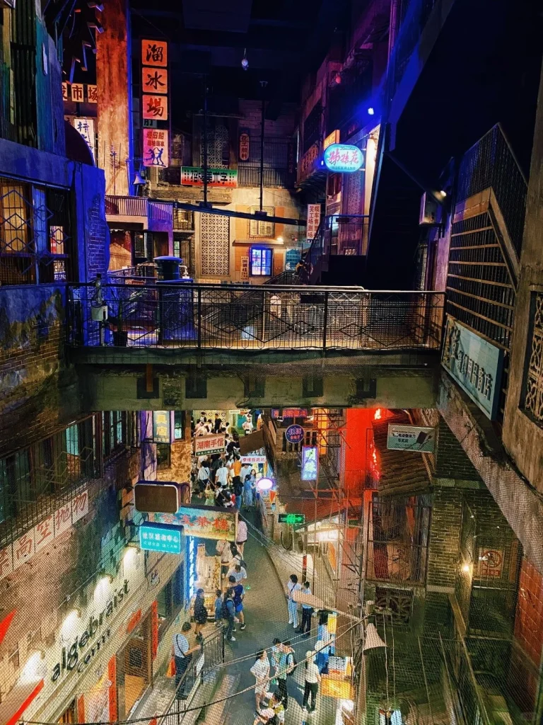 Super Wenheyou Changsha A nostalgic and vibrant scene inside Super Wenheyou a retro style food and cultural street in Changsha China