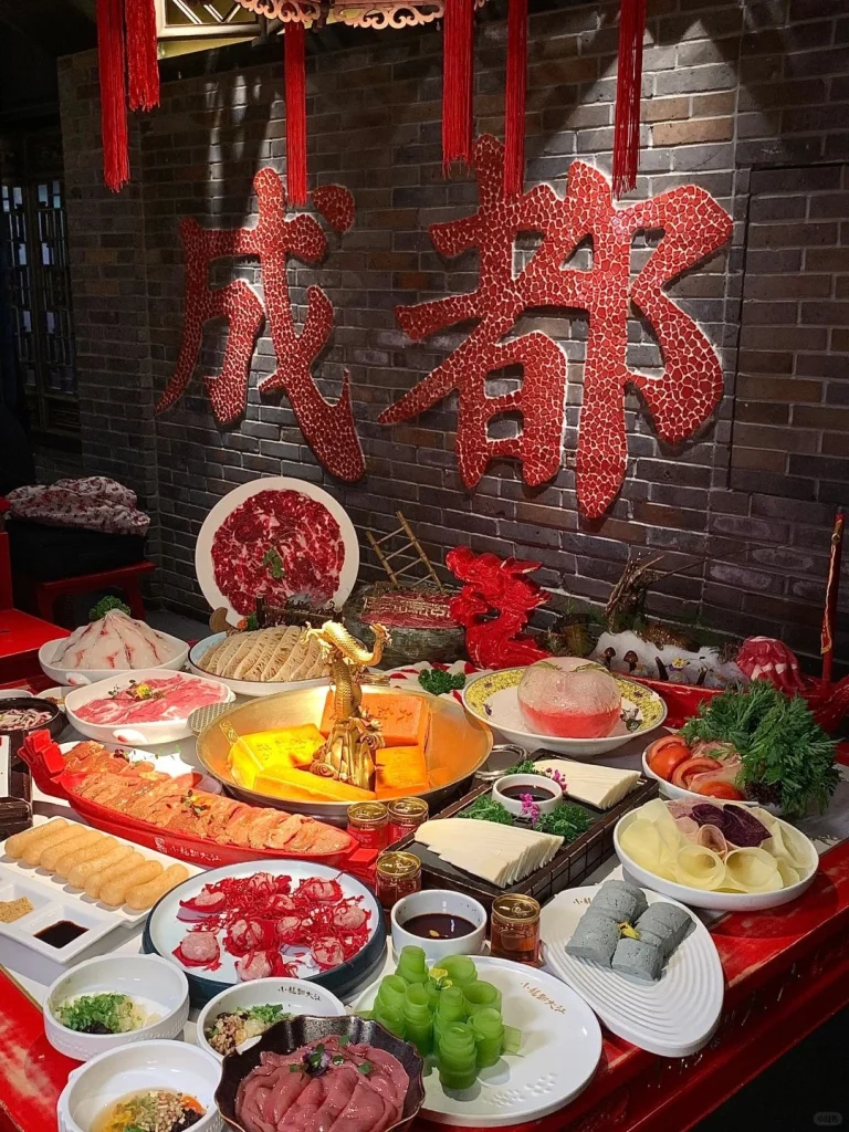 A delicious Sichuan hotpot featuring various meats vegetables and spices in a fragrant spicy broth