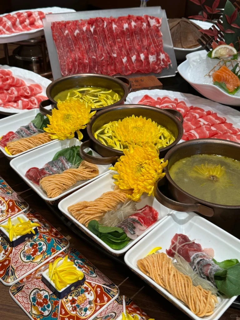 Array of Jiangsu Zhejiang Chrysanthemum Hot Pots and fresh meat ingredients
