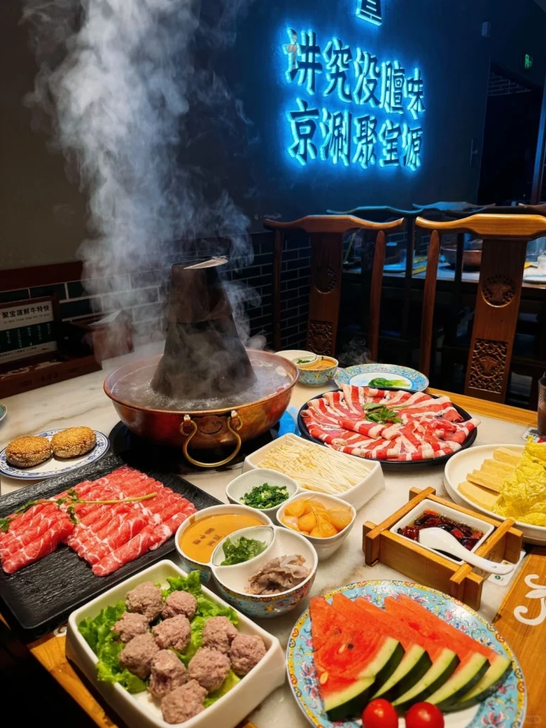 Beijing Copper Pot Hot Pot Traditional copper pot hot pot featuring assorted meats tofu and vegetables with flavorful dipping sauces