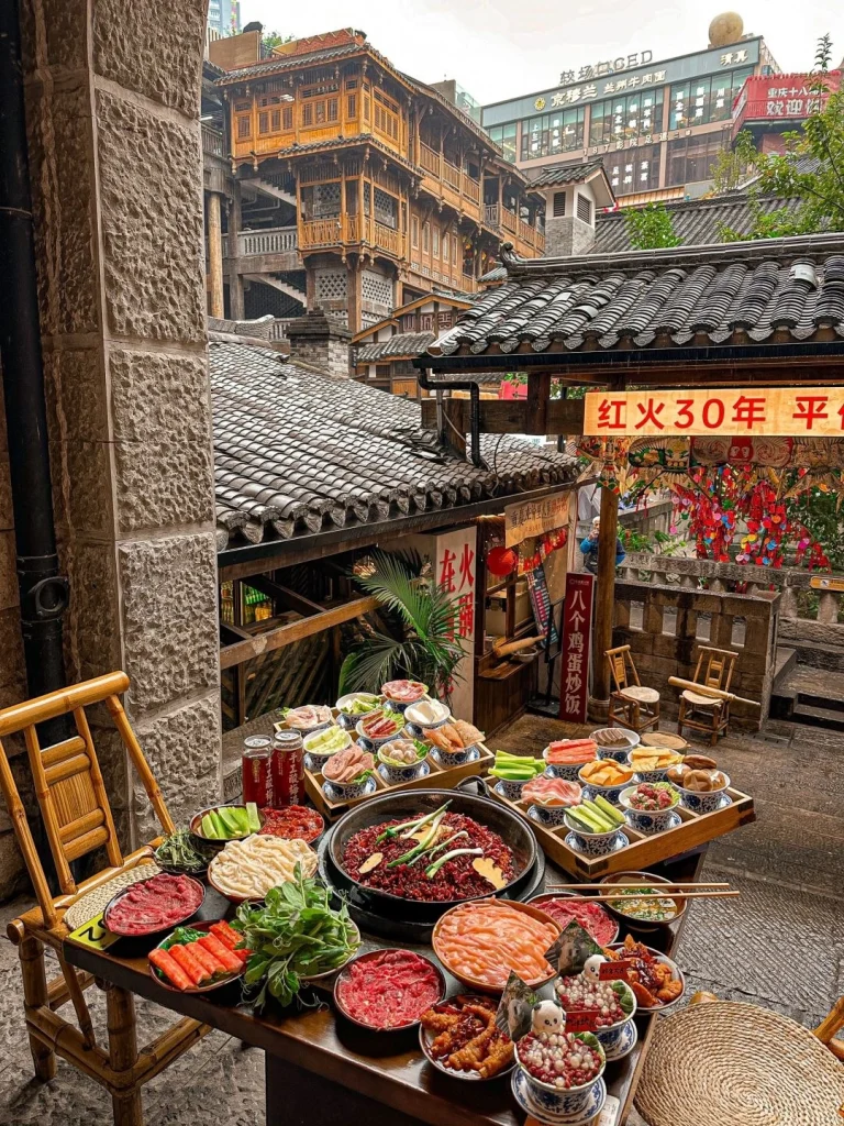 Chongqing hotpot near the Jiefangbei area A spicy flavorful hotpot with fresh meats and vegetables