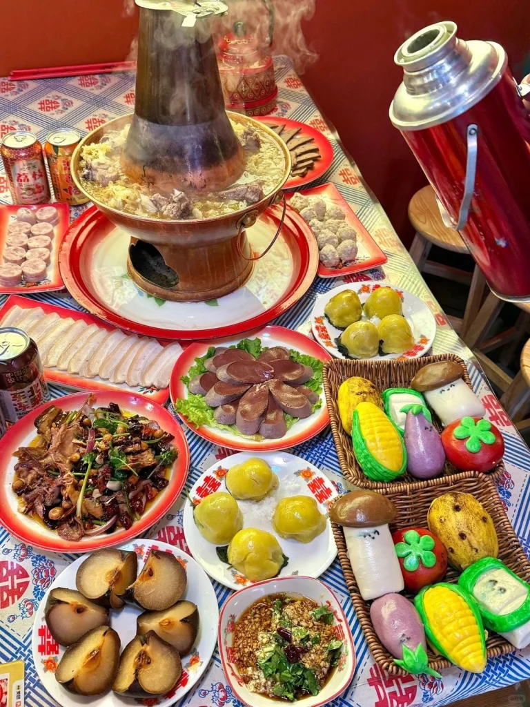 Feast of Northeast Hot Pot Copper pot with a variety of delicious dishes around