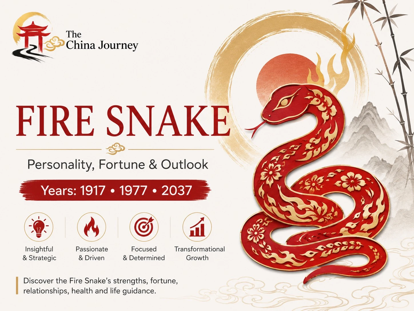 Sampul zodiak Ular Api dengan potongan kertas merah dan emas berbentuk ular, simbolisme Lima Elemen Cina, personal.
