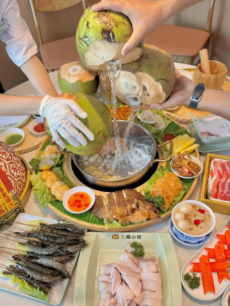 Hainan Coconut Chicken Hot Pot Setup Shrimp chicken and coconut water addition