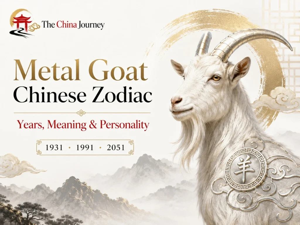 Metal Goat Chinese Zodiac Years Meaning and Personality with white goat metal element years and Chinese zodiac design