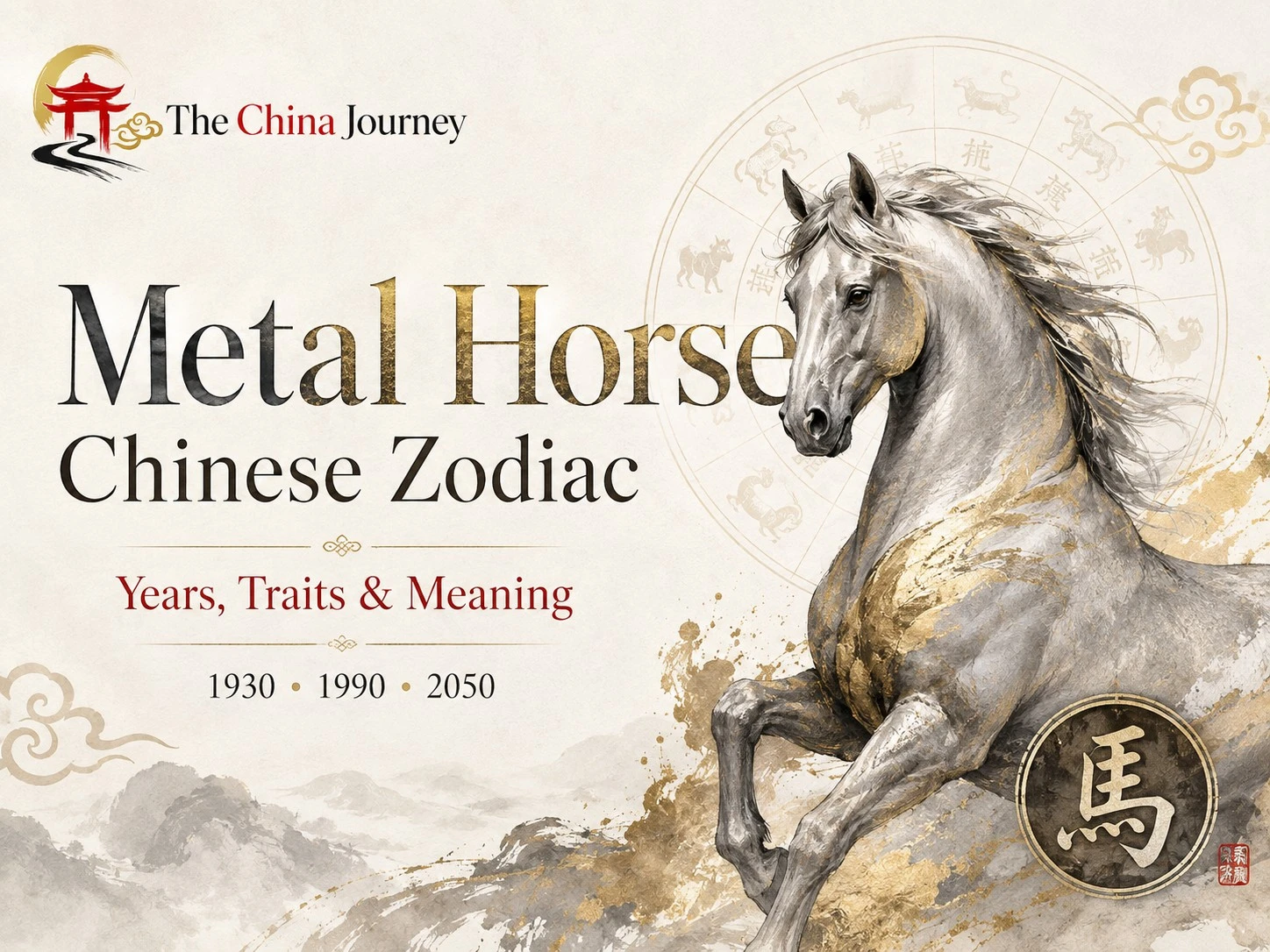 Metal Horse Chinese Zodiac Years Traits Meaning with metallic horse illustration and zodiac wheel