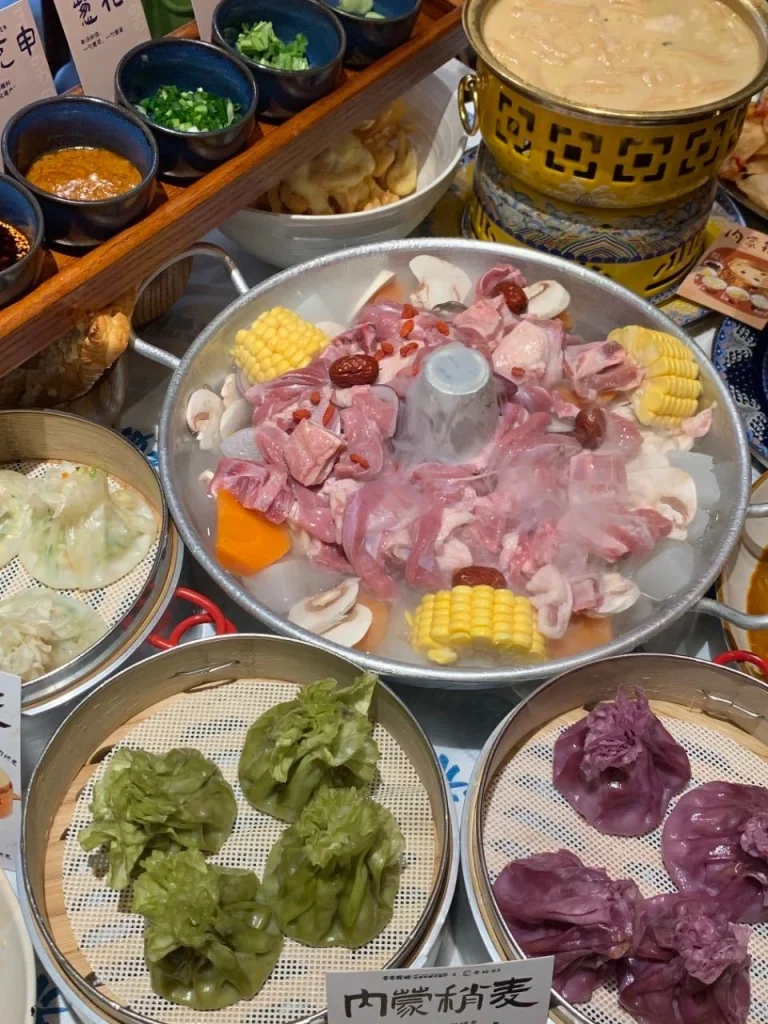 Preparing Ice Boiled Lamb Mutton and ingredients in the steaming hot pot