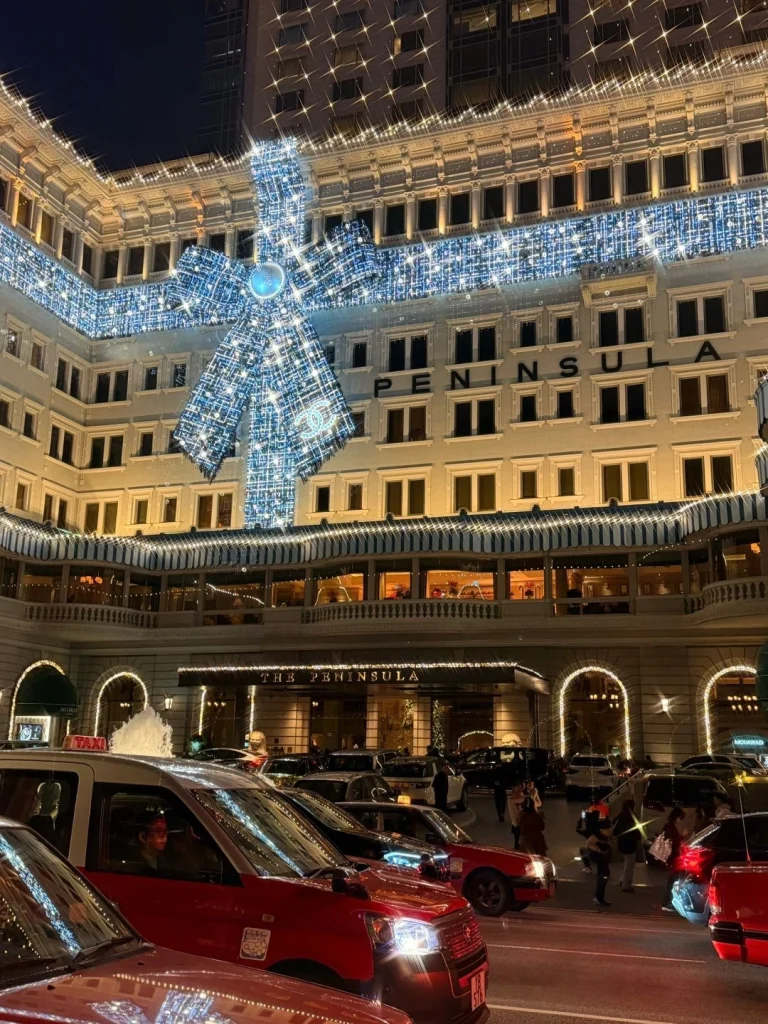 The Peninsula Hotel with Christmas lights The Peninsula Hotel in Hong Kong beautifully decorated with festive lights during the holiday season