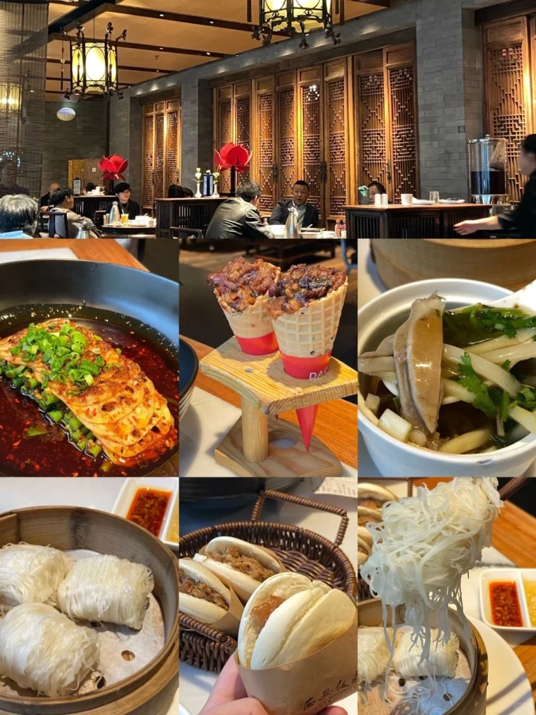 Xian Restaurant dining interior A collage of food items including spicy dishes traditional buns and noodles in a modern dining environment at Xian Restaurant