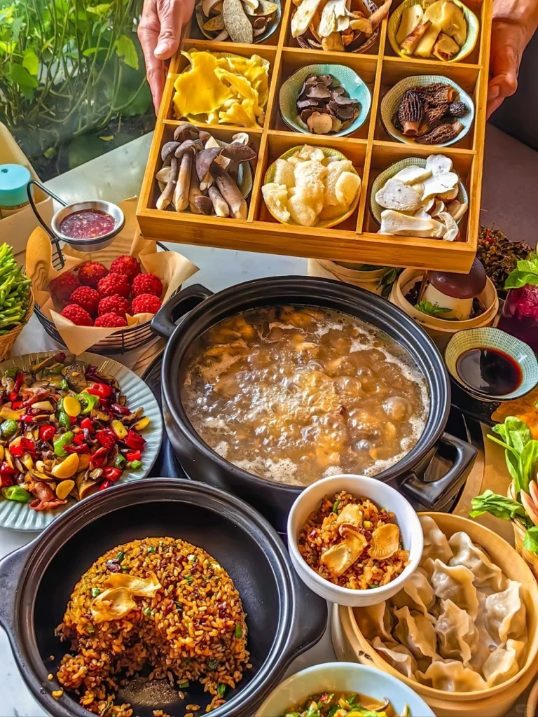 Yunnan mushroom hotpot with fresh mushrooms wild vegetables and herbs ready for cooking