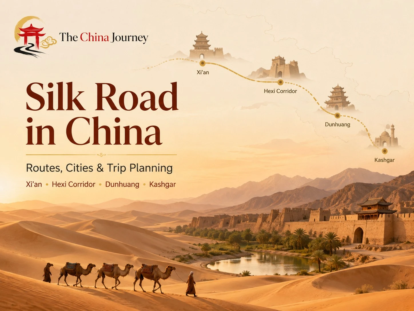 Silk Road in China Routes Cities and Trip Planning cover with desert caravan camels and oasis landscape