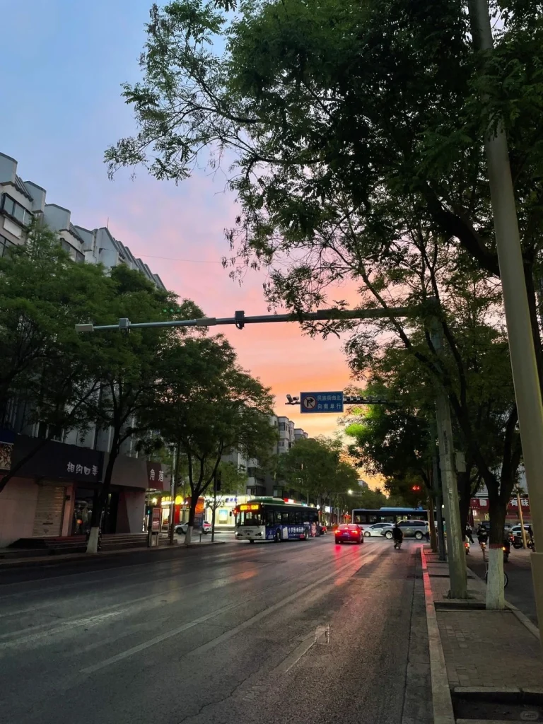 Sunset in Ningxia A peaceful sunset view in the city of Yinchuan Ningxia with streetlights and urban greenery