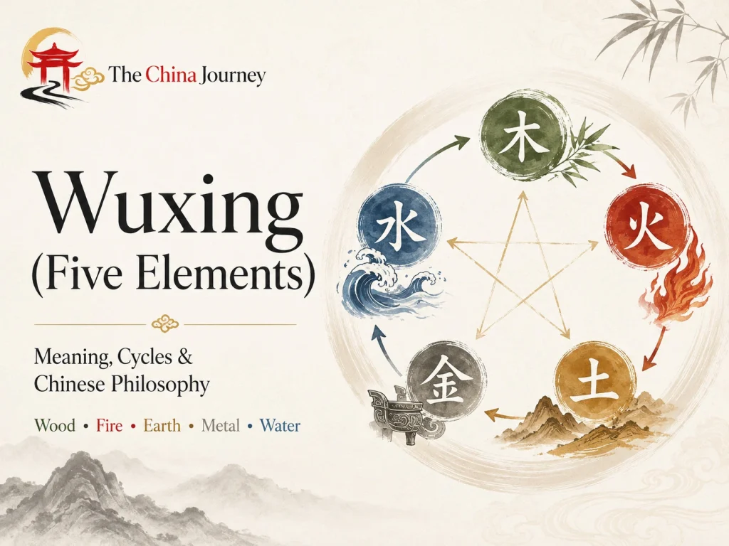 Wuxing Five Elements meaning cycles and Chinese philosophy with Wood Fire Earth Metal and Water diagram
