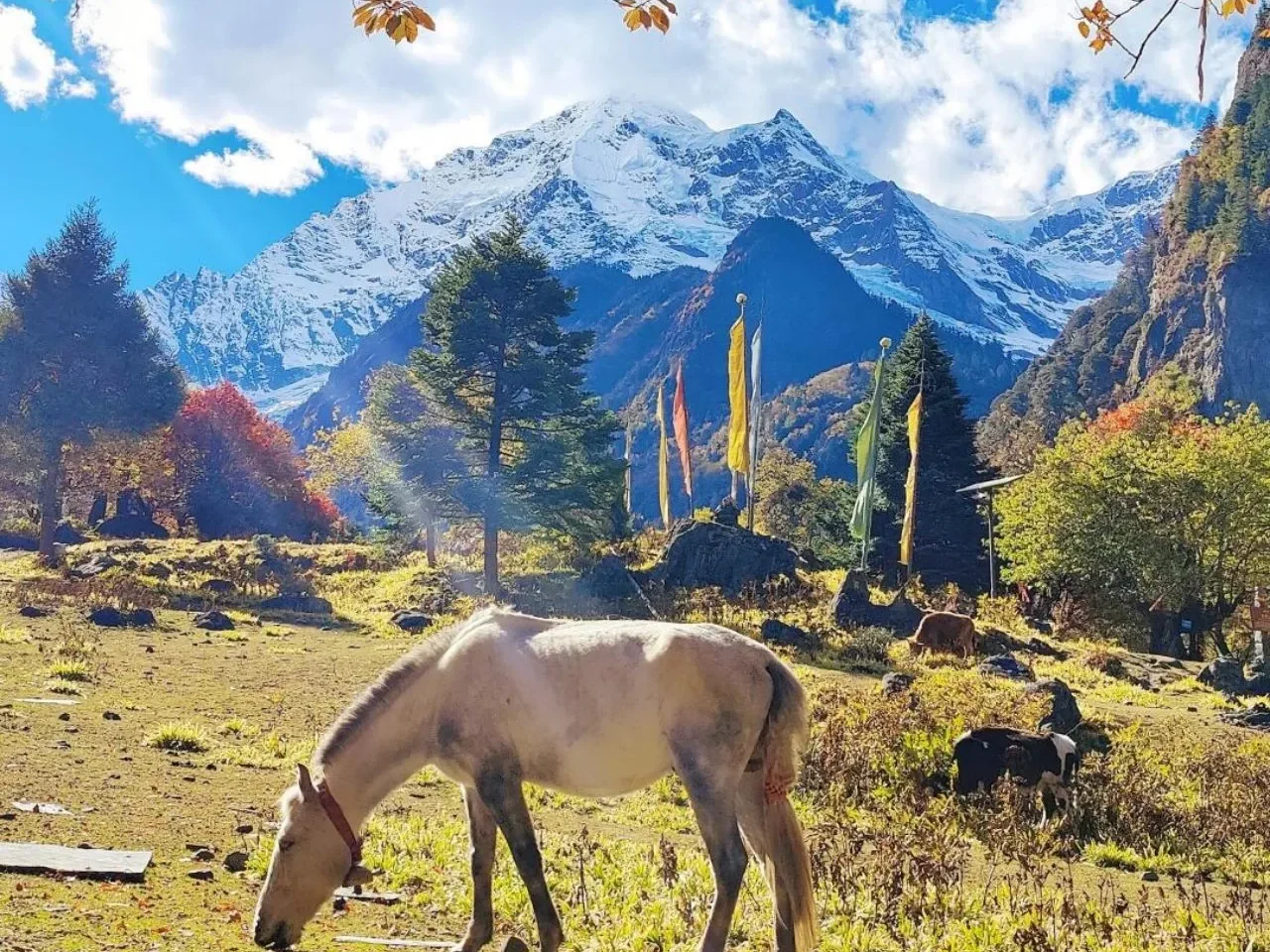 Beeld van Yunnan, Yubeng met besneeuwde bergen, dorp, bergen Beeld van Yunnan, Yubeng met besneeuwde bergen, dorp, bergen