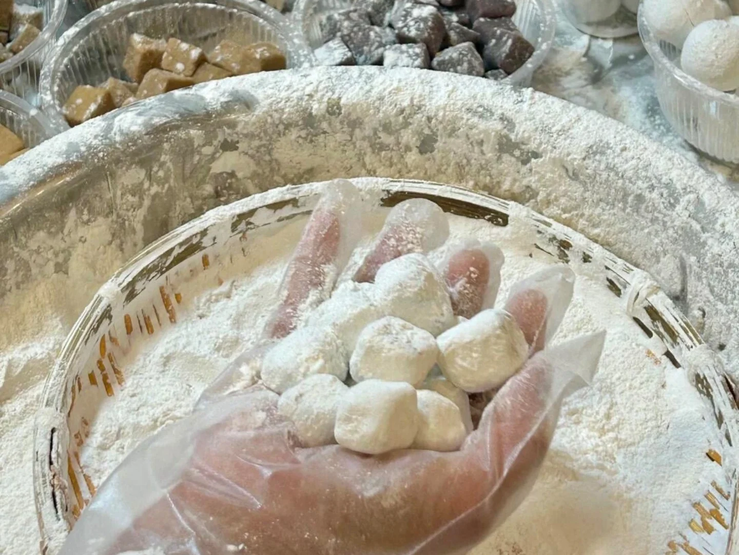 Hand holding freshly coated Yuanxiao balls for Lantern Festival.