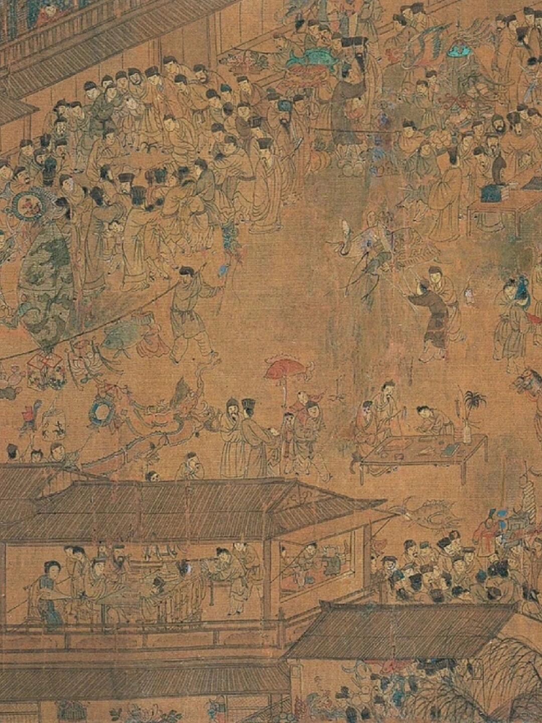 Lantern Festival street scene performers and vendors entertaining dense crowds in ancient China