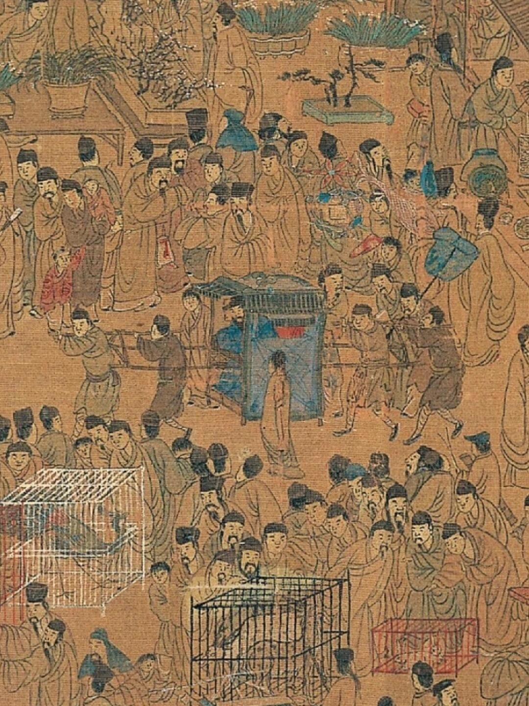 Ming Dynasty Lantern Festival marketplace scene with scholars observing exotic animals in wooden cages