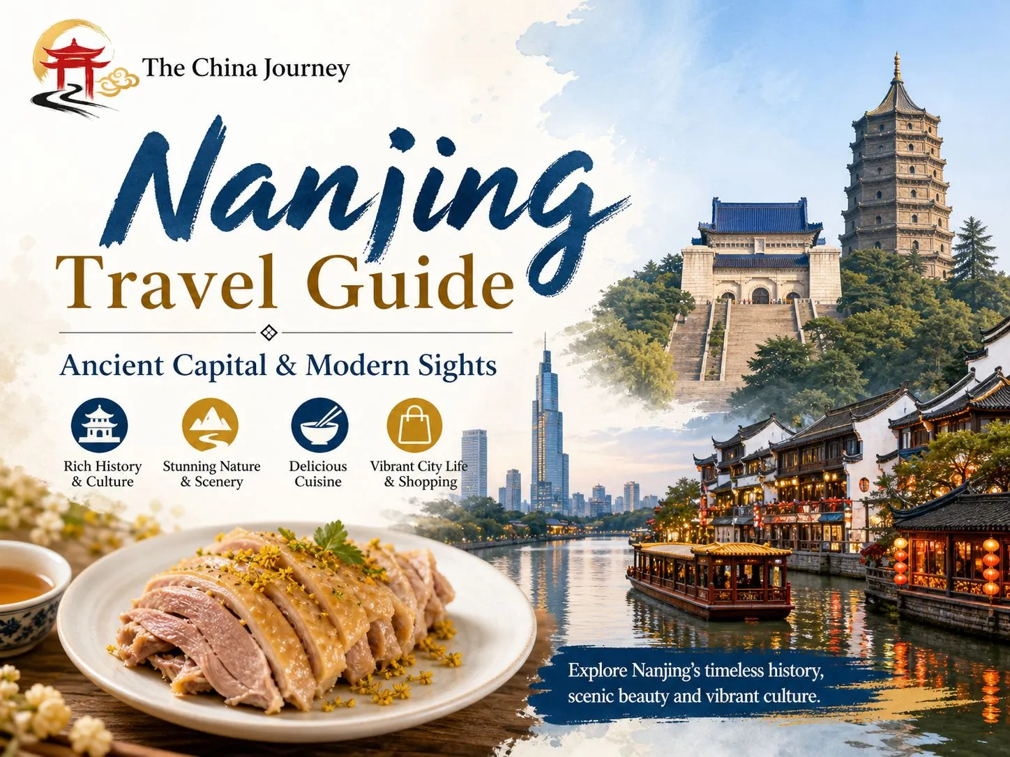Omslag van de reisgids voor Nanjing met oude bezienswaardigheden van de hoofdstad, moderne skyline, eten en het logo van The China Journey.