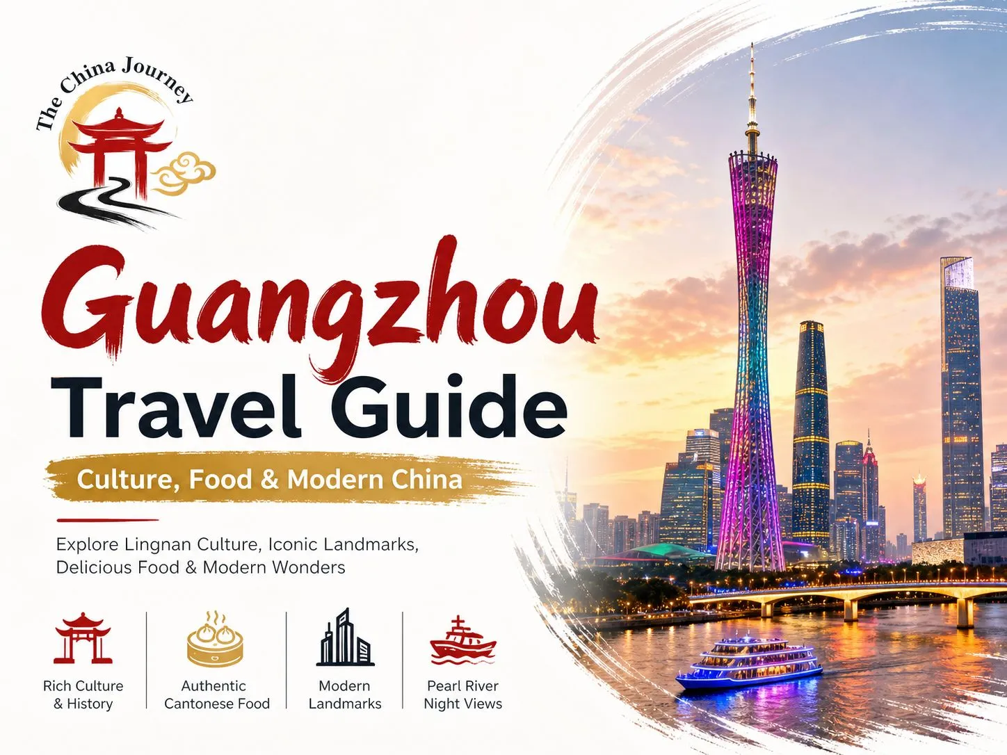 Omslag van de reisgids voor Guangzhou met de skyline van Canton Tower, uitzicht op de Parelrivier, cultuur, eten en moderne bezienswaardigheden.