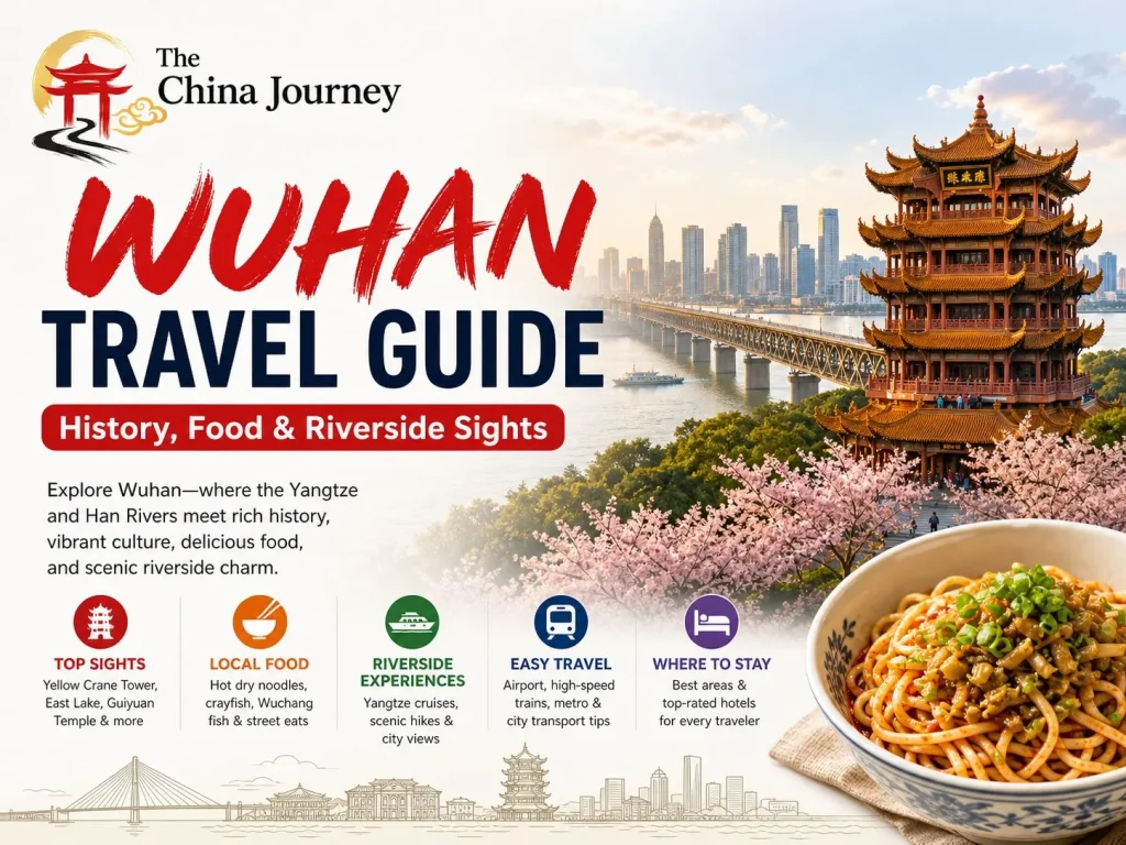 Wuhan travel guide cover with Yellow Crane Tower Yangtze River skyline cherry blossoms and hot dry noodles