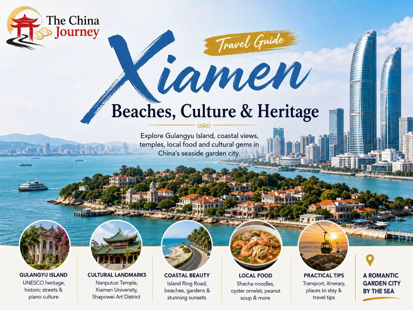 Buku Panduan Wisata Xiamen yang menampilkan pemandangan pantai Pulau Gulangyu, kuil-kuil, pantai, makanan lokal, dan tips perjalanan.