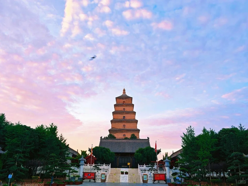 Daytime view of the Giant Wild Goose Pagoda with colorful sky in Xi'an