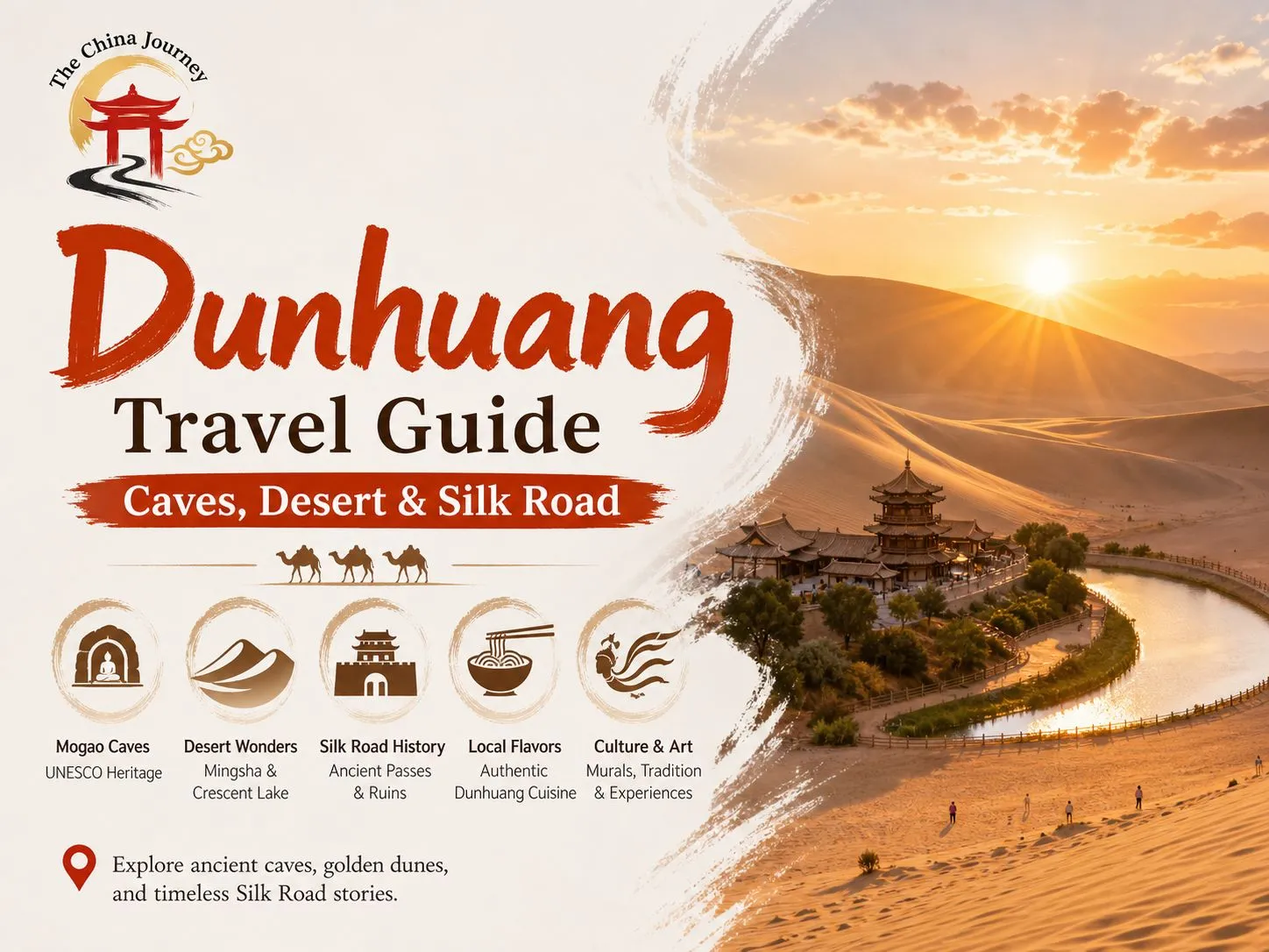 Copertina della guida turistica di Dunhuang che mostra le grotte di Mogao, le dune del deserto, il lago Crescent e i punti salienti della Via della Seta.