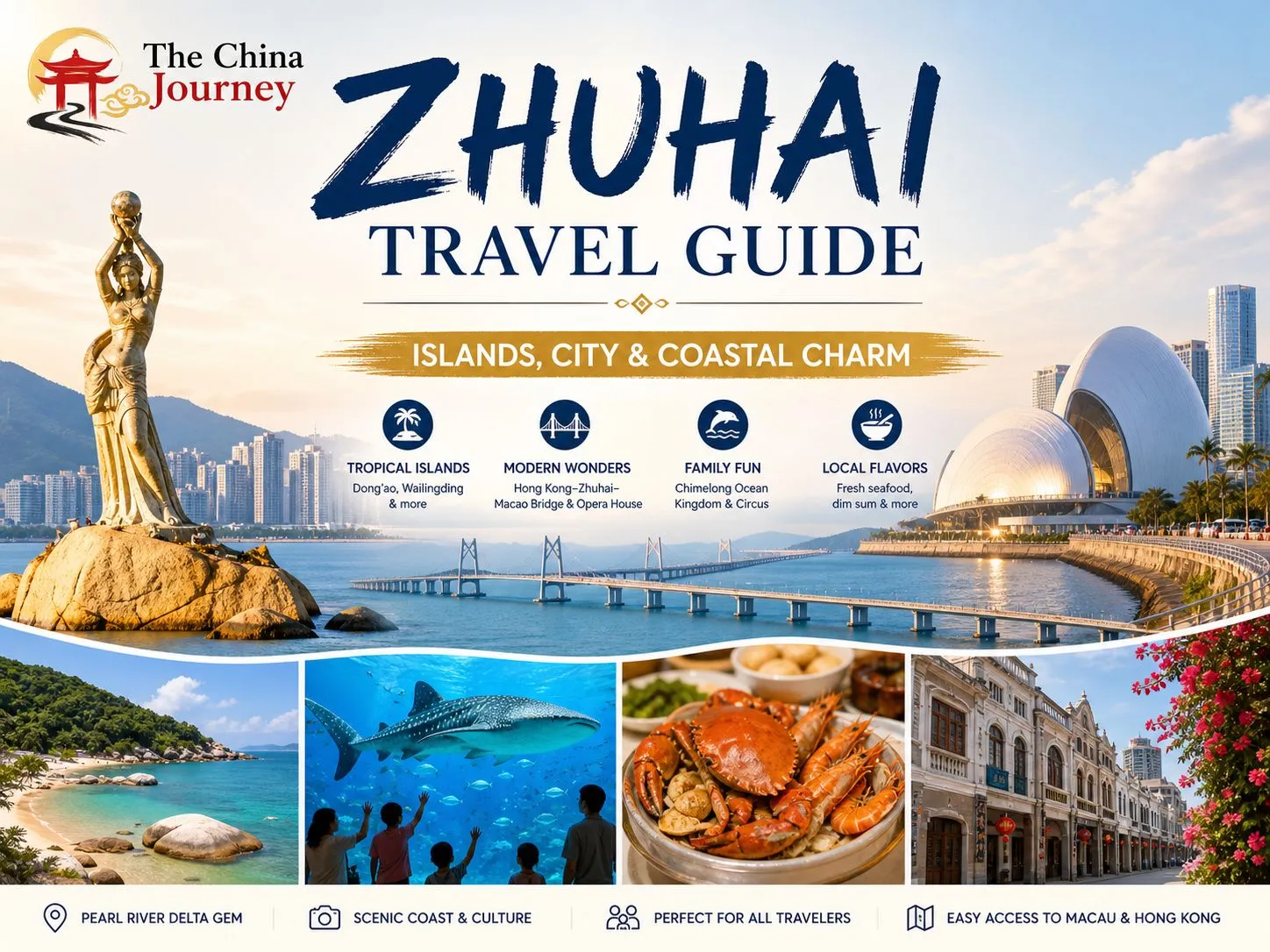 Kulit Panduan Perjalanan Zhuhai yang menunjukkan latar langit pantai pulau-pulau Opera House dan pemandangan Sungai Pearl