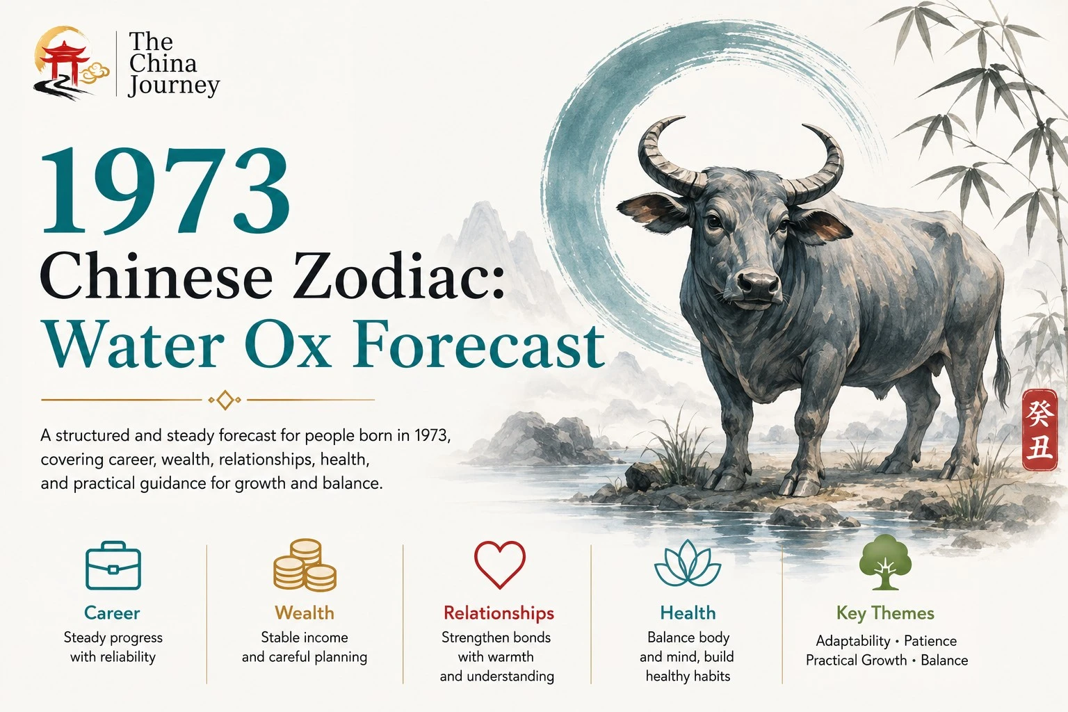 1973 Chinese Zodiac Water Ox forecast cover with ox career wealth relationships health and lucky elements - 1973 Chinese Zodiac: Water Ox 2026 Forecast - The China Journey - Zodiac, Fate and Fortune - The China Journey 1973 Chinese Zodiac Water Ox forecast cover with ox career wealth relationships health and lucky elements - 1973 Chinese Zodiac: Water Ox 2026 Forecast - The China Journey - Zodiac, Fate and Fortune - The China Journey