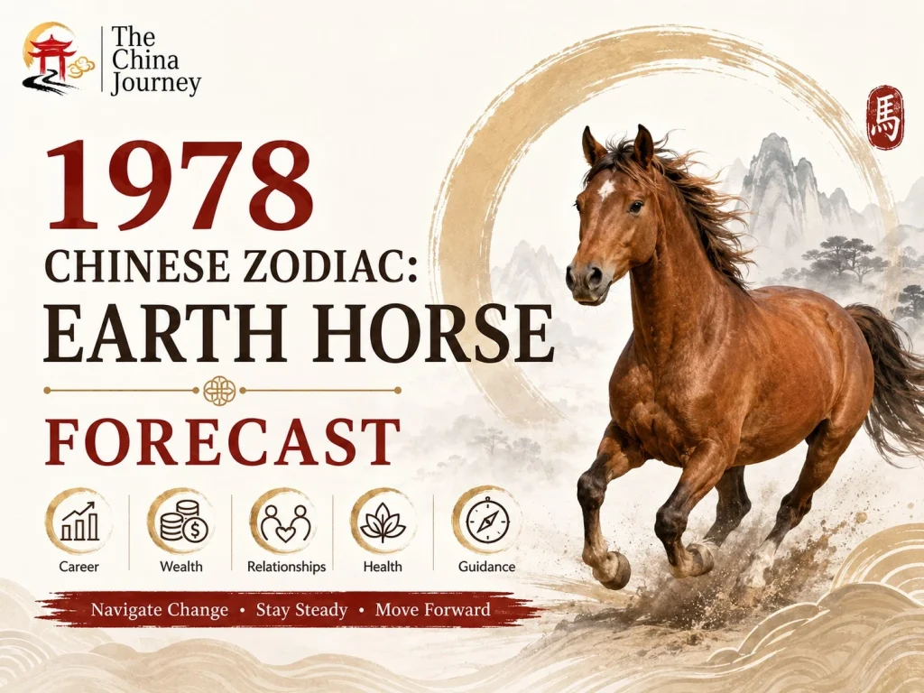 1978 Earth Horse Chinese zodiac forecast cover with horse illustration career wealth relationship