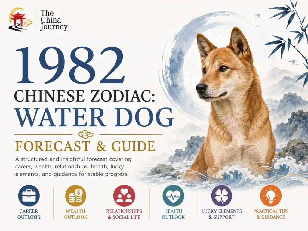 1982 Chinese Zodiac Water Dog forecast cover with dog water elements career wealth relationships health and practical guidance