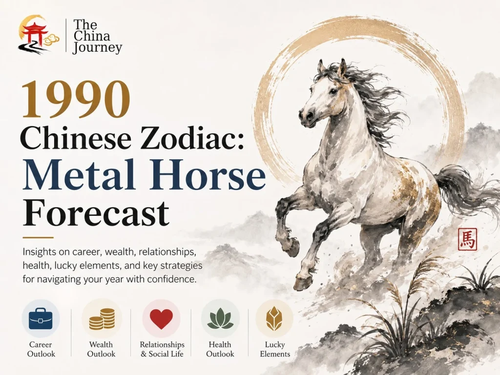 1990 Chinese Zodiac Metal Horse forecast cover with watercolor horse career wealth relationships health and lucky elements