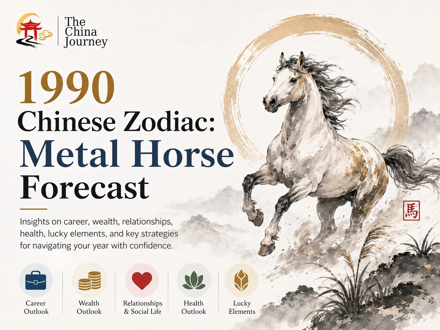 1990 Chinese Zodiac Metal Horse forecast cover with watercolor horse career wealth relationships health and lucky elements - 1990 Chinese Zodiac: Metal Horse Traits & 2027 Forecast - The China Journey - Zodiac, Fate and Fortune - The China Journey 1990 Chinese Zodiac Metal Horse forecast cover with watercolor horse career wealth relationships health and lucky elements - 1990 Chinese Zodiac: Metal Horse Traits & 2027 Forecast - The China Journey - Zodiac, Fate and Fortune - The China Journey