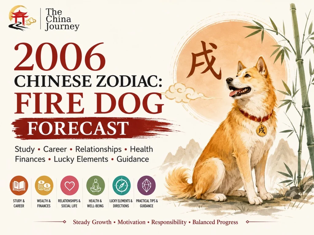 2006 Chinese Zodiac Fire Dog forecast cover featuring a loyal Fire Dog lucky elements study and career growth relationships health and personal development guidance