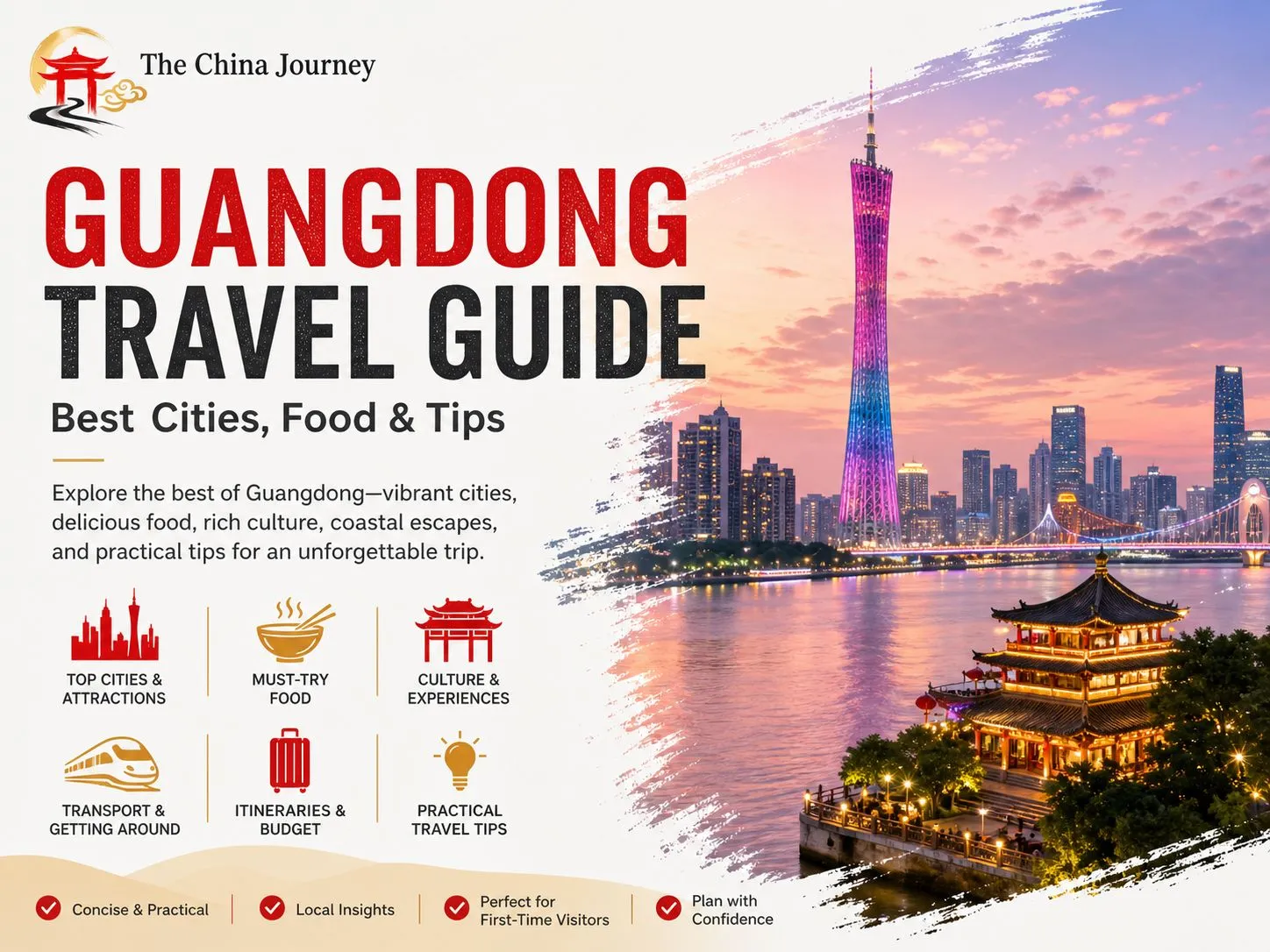 Portada de la guía de viajes de Guangdong con el horizonte de Guangzhou, la Torre de Cantón y el logotipo de China Journey.