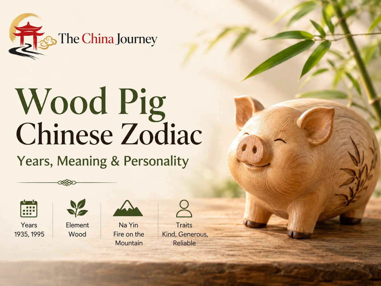 Wood Pig Chinese Zodiac Years Meaning Personality with wooden pig illustration and traditional Chinese style design