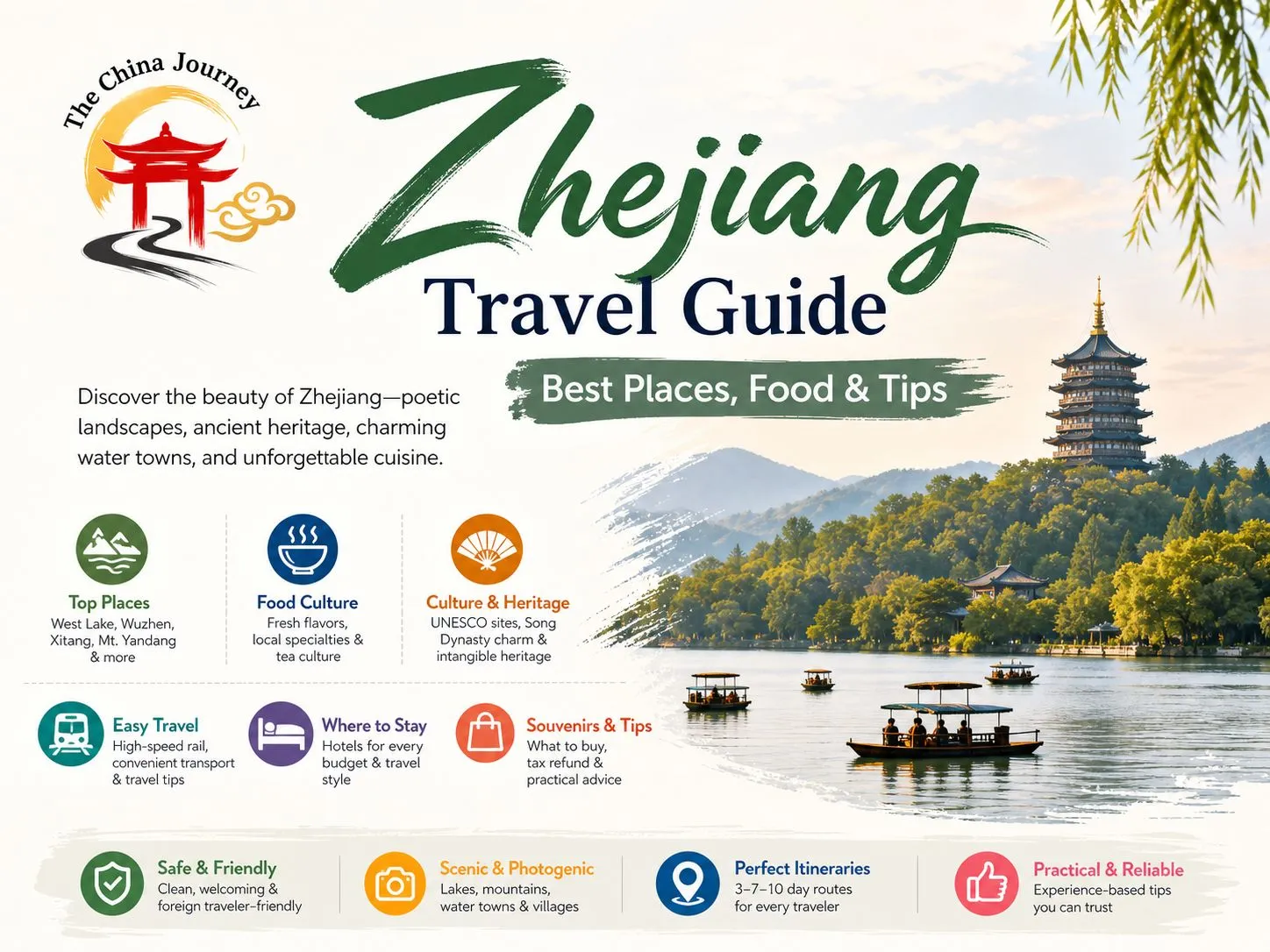 Sampul panduan pelancongan Zhejiang dengan pemandangan Tasik Barat Pagoda Hangzhou dan sorotan pelancongan utama untuk pelawat kali pertama