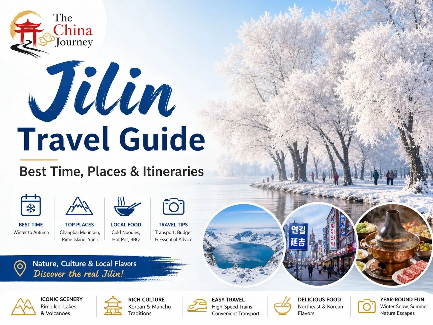 Copertina della guida turistica di Jilin con il monte Changbai ricoperto di ghiaccio e le principali attrazioni stagionali della Cina nord-orientale.