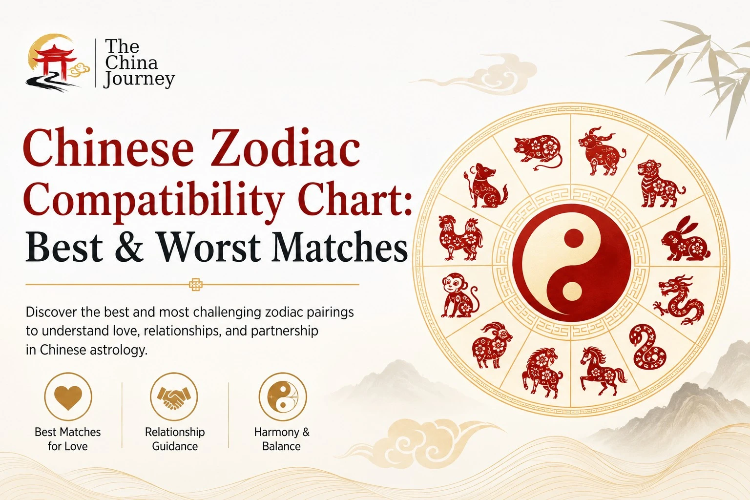 Tabla de compatibilidad del zodíaco chino con los doce signos animales: mejores y peores parejas, consejos sobre amor y relaciones.