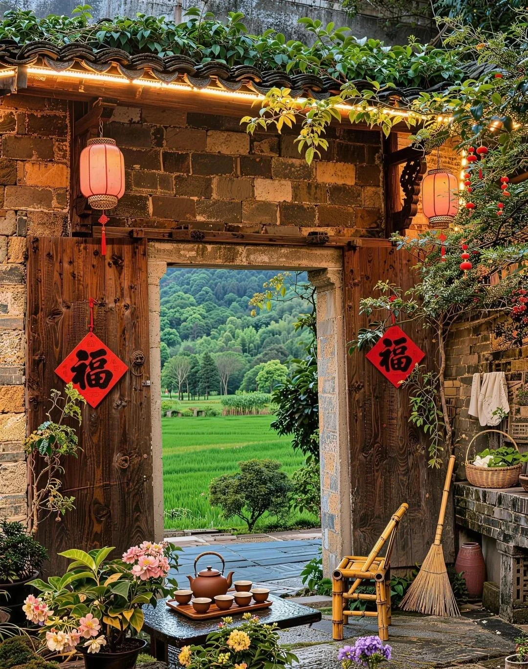 Giardino del cortile di un alloggio tradizionale dell'Anhui Cancello rustico in legno aperto su un servizio da tè e sulla verde campagna del villaggio - Guida di viaggio dell'Anhui: itinerari, consigli e percorsi 2026 - The China Journey Giardino del cortile di un alloggio tradizionale dell'Anhui Cancello rustico in legno aperto su un servizio da tè e sulla verde campagna del villaggio - Guida di viaggio dell'Anhui: itinerari, consigli e percorsi 2026 - The China Journey