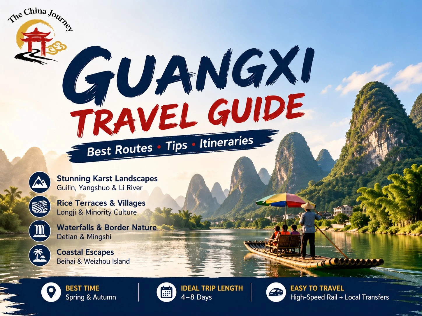 Guida di viaggio del Guangxi: paesaggi carsici fluviali con suggerimenti di percorso e punti salienti dell'itinerario.