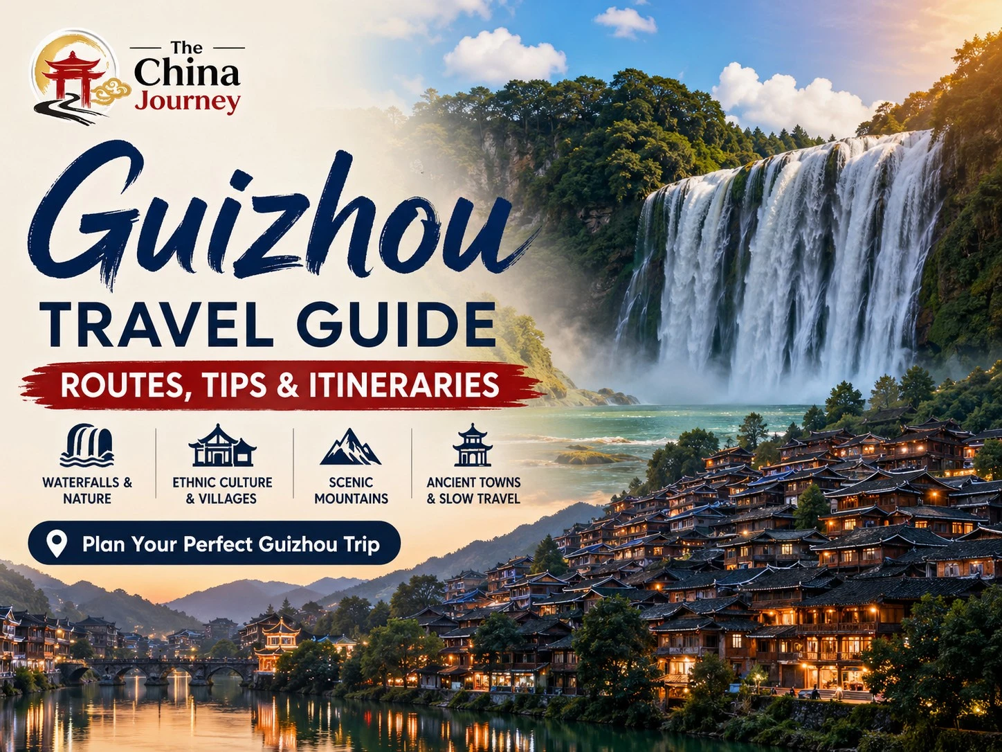 Guizhou travel guide cover with skyline Jiaxiu Tower routes tips and itineraries overview